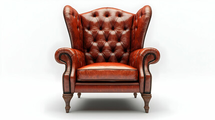 3D Illustration- Classic Leather Wingback Chair, Brown Upholstery, Button Tufted Detail, Wooden Legs, White Background