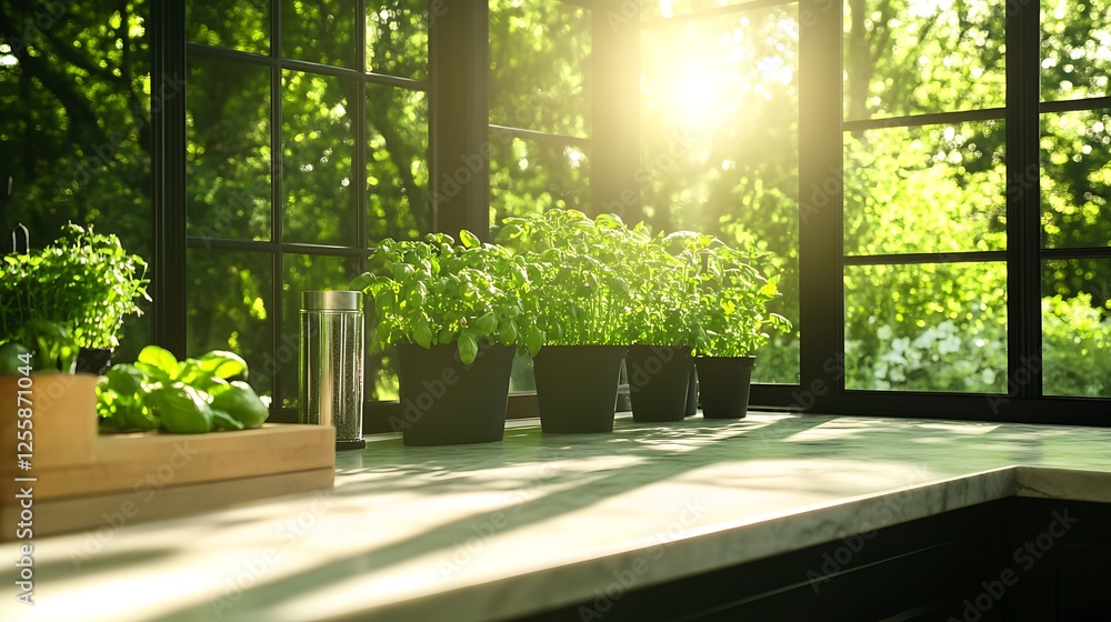 Aufkleber a sunlit kitchen corner features fresh herbs in pots, creating a vibrant and inviting atmosphere wit