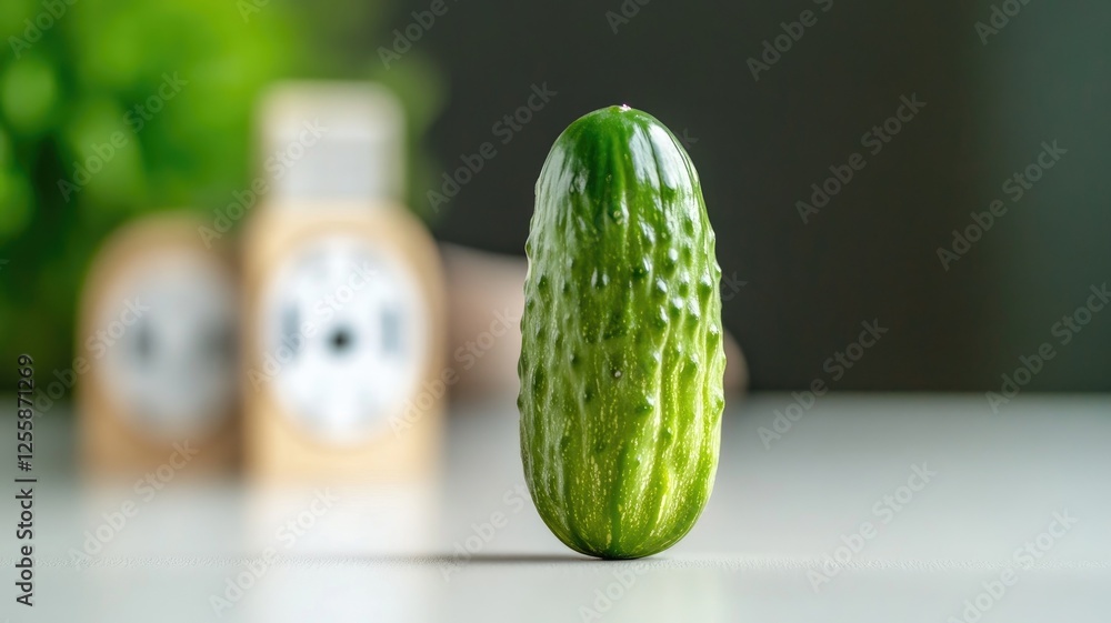 Poster close-up of fresh cucumber standing on table