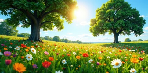 Obraz premium A field of wildflowers under oak trees in a serene landscape, sun, oak, blue