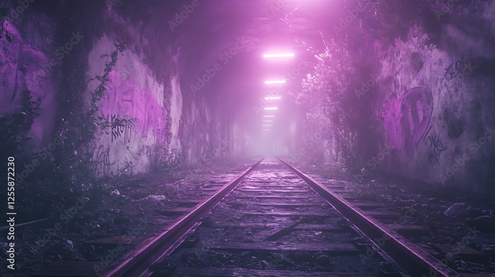 Aufkleber a dimly lit tunnel featuring railway tracks, illuminated by purple lights, creating a mysterious and
