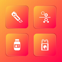 Set Stationery knife, Paper roll of printing press, Printer ink bottle and shopping bag icon. Vector