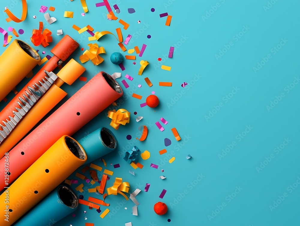 Poster a dynamic and eclectic still life composition featuring a vibrant array of carnival style kazoos str