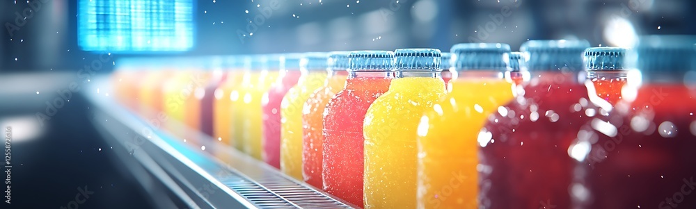 Poster a colorful display of beverage bottles on a production line, showcasing a variety of refreshing drin
