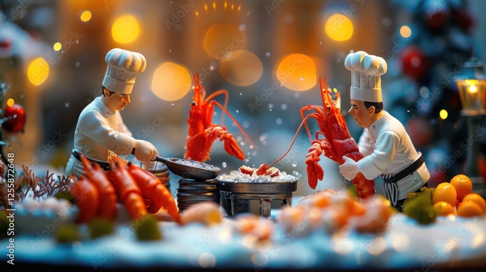 Poster miniature chefs preparing seafood in a festive setting with vibrant colors and bokeh lights.