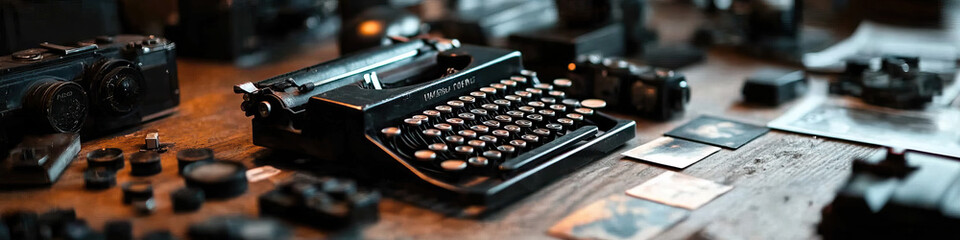 Vintage Typewriter and Photography Equipment on Wooden Table