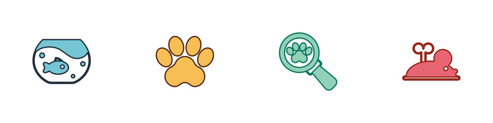 Set Aquarium with fish, Paw print, Veterinary clinic and Clockwork mouse icon. Vector
