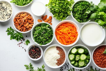 Vibrant dairy-free ingredients in bowls close-up natural lighting freshness and color food photography