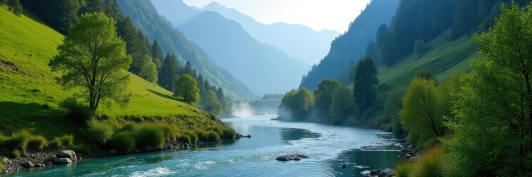 A gentle mist rises from the Benasque River as it flows through the valley, benasque river, valley