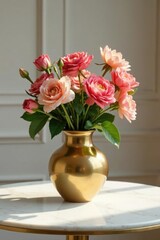 Fototapeta premium A golden vase on a marble table with fresh flowers, flowers, classic
