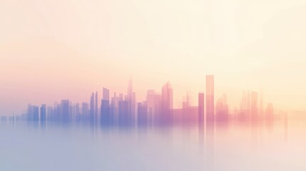 Fototapeta premium Blurred city skyline silhouette at sunrise set against a soft warm orange sky.