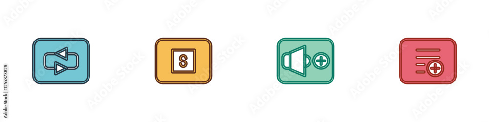 Aufkleber set repeat button, stop media, speaker volume and add playlist icon. vector