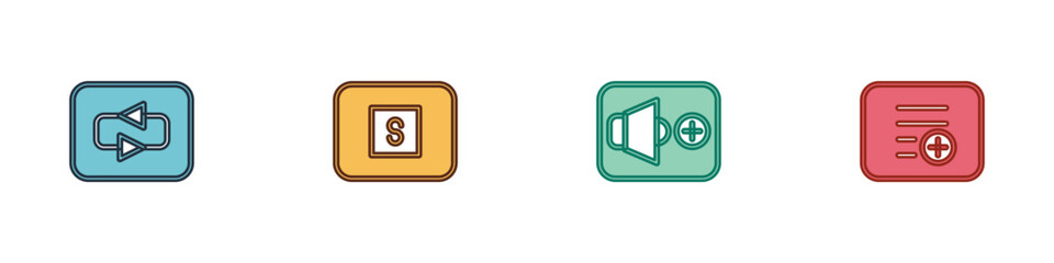 Set Repeat button, Stop media, Speaker volume and Add playlist icon. Vector