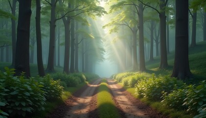 Obraz premium Sunlit forest path with vibrant greenery