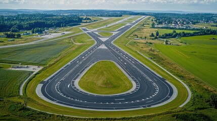 Tarmac Driveways. Aerial view of large airport runway surrounded by green fields and distant buildings