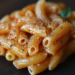 Fototapeta premium Close-up penne pasta with tomato sauce, herbs, pepper on dark plate
