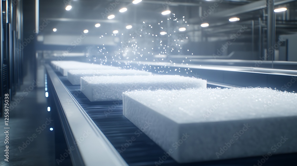 Poster the image shows a modern factory conveyor belt with white foam blocks being processed under bright i