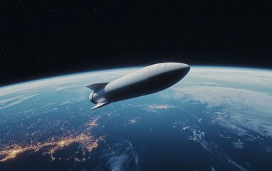 A sleek spaceship floating above a futuristic Earth, with neon-lit cities visible from orbit, symbolizing space exploration