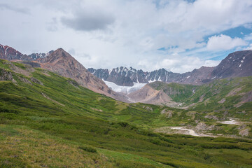 Fototapeta premium Beautiful landscape with mountain river among rocks and hills in green alpine valley. Lush flora and dense thicket with view to big glacier and large snow mountain range far away under gray cloudy sky