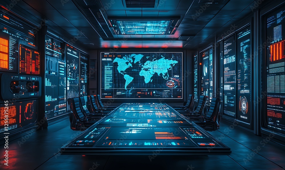 Poster futuristic control room with digital displays showing world map and data.