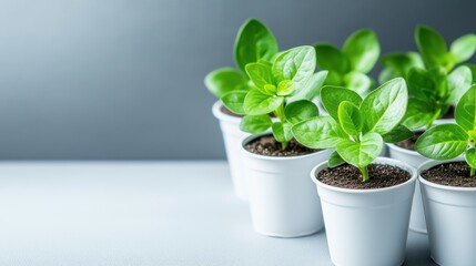 Obraz premium Healthy green plants in white pots arranged neatly on a gray surface with soft lighting