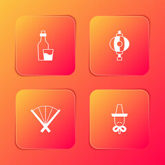 Set Soju bottle, Korean lantern, Traditional fan and hat icon. Vector