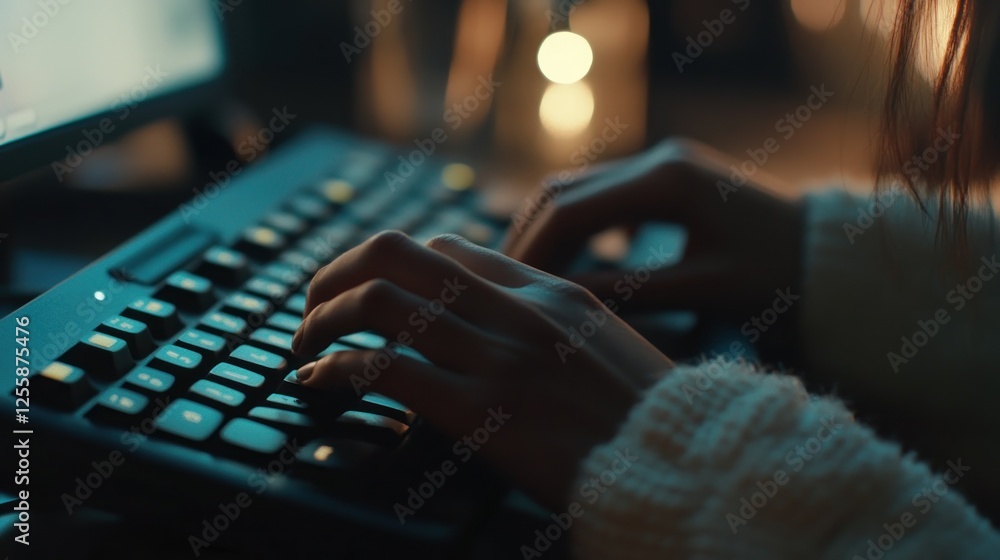 Poster hands typing on a backlit keyboard in a dimly lit environment at night