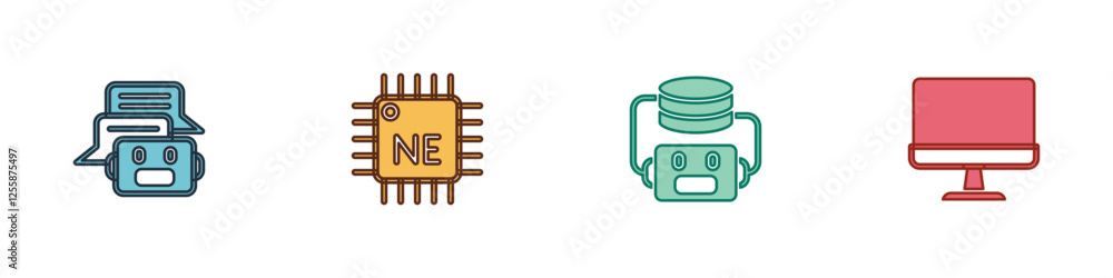Poster set chat bot, processor cpu, artificial intelligence robot and computer monitor icon. vector