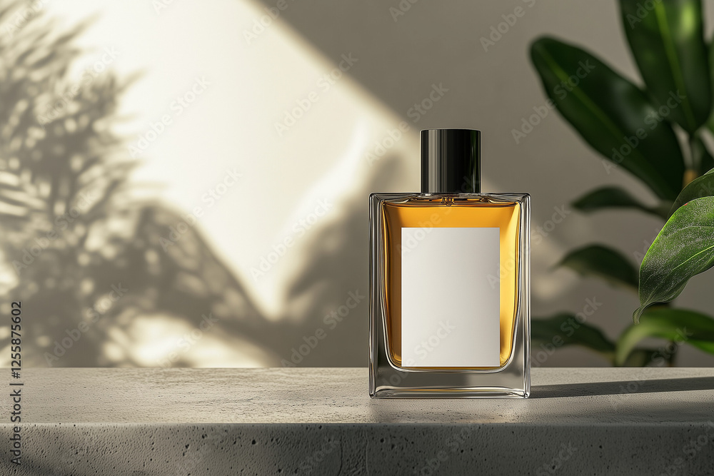 Poster a detailed rendering of a transparent glass perfume bottle and container lying next to each other on