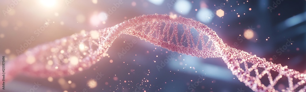 Poster A vibrant, abstract representation of DNA, showcasing its double helix structure with glowing particles and a dynamic, scientific atmosphere.