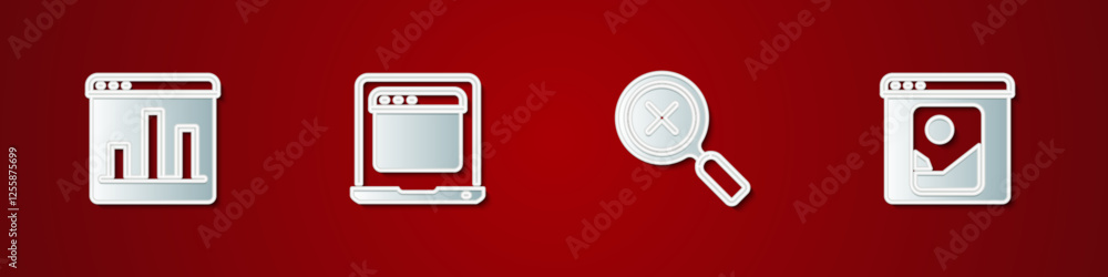 Poster set graph chart infographic, laptop with browser window, magnifying glass and delete and photo retou