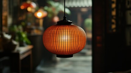 Asian lantern glows in dim courtyard shop