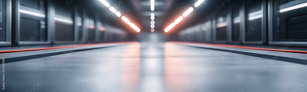 Poster a futuristic corridor with sleek surfaces and atmospheric lighting, creating a mysterious and tech-i