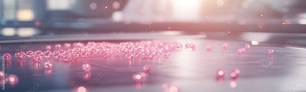 Poster A shimmering surface scattered with pink particles, illuminated by soft light, creating a dreamy and ethereal atmosphere.