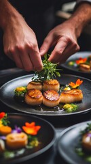 Chef’s Hands Artfully Garnishing a Gourmet Dish with Fresh Herbs in a Fine Dining Ambiance