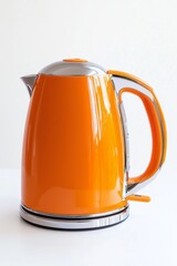 This modern orange electric kettle stands proudly against a light backdrop, showcasing its sleek design and glossy finish. Perfect for adding vibrancy to any kitchen space