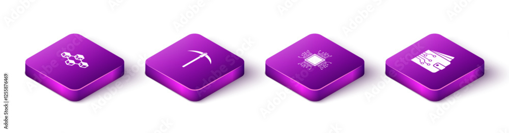 Poster set isometric blockchain technology, pickaxe, processor and cryptocurrency wallet icon. vector