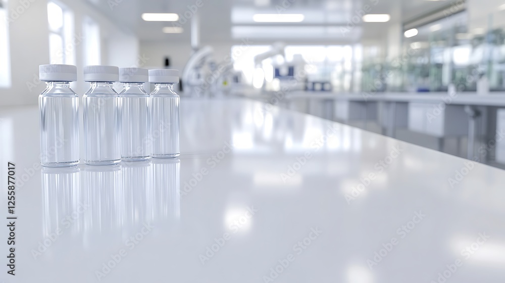 Poster the image showcases a row of clear glass vials on a pristine, white laboratory countertop, illuminat