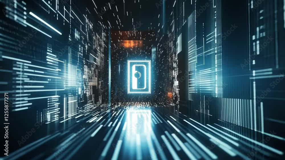 Poster glowing digital wallet icon floats in center of futuristic cyberspace corridor with binary code stre