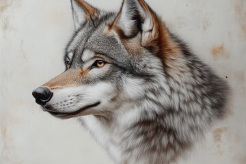 Obraz premium Wolf with striking fur details showcases natural beauty in a soft, neutral background with warm tones, emphasizing the creature's expressive eyes and majestic features