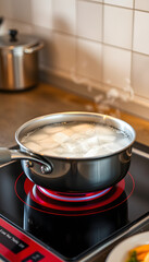 Metal pan with boiling water on the induction cooker red hot plate. with white shades