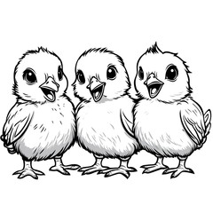 of Three Cute Baby Chicks in Cartoon Style with Blank Outline for Kids to Color