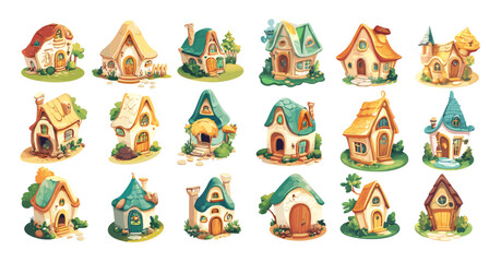 Fototapeta premium Small magic houses cartoon vector set. Tiny manor little huts palaces rural fantasy buildings, wizard sorcerer apartments pixie fairy homes, isolated illustrations on white background