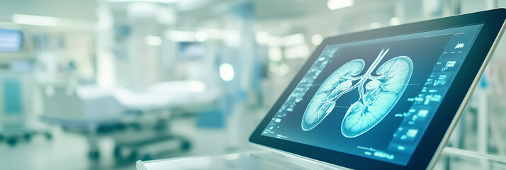 Doctor close-up of a doctor showing a picture of a kidney on a tablet in a hospital, free space from the left side, banner