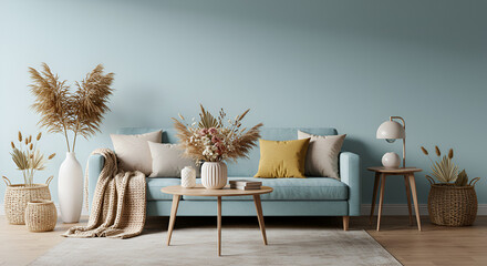 Home interior mock-up with blue sofa, wooden table and decor in blue living room, 3d render 