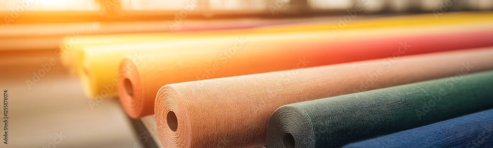 Aufkleber A vibrant array of colorful wooden dowels arranged neatly, showcasing rich textures and hues, illuminated by warm sunlight.