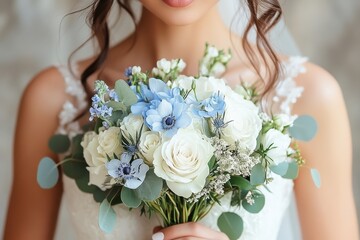 Beautiful bride holding a bouquet of white and blue flowers at a wedding venue during a sunny afternoon
