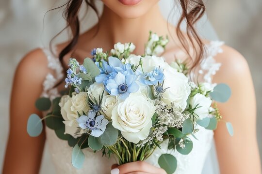 Beautiful bride holding a bouquet of white and blue flowers at a wedding venue during a sunny afternoon