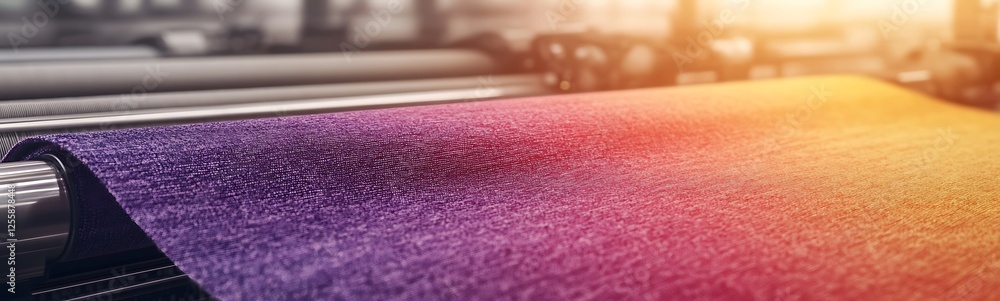 Poster a close-up of a colorful fabric roll being processed, showcasing vibrant gradients under bright ligh
