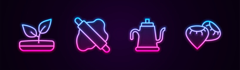 Set line Sprout, Rolling pin on dough, Watering can and Seed. Glowing neon icon. Vector